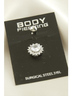 Zero Ozlstor Çiçek Zirkon Taşlı Çelik Piercing 1 Adet-Gümüş Rengi