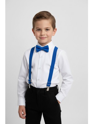 Merdia Kids Erkek Çocuk Uzun Kol Beyaz Gömlek ve Mavi Askı Papyon Takım