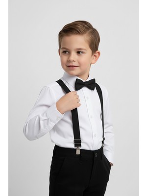 Merdia Kids Erkek Çocuk Uzun Kol Beyaz Gömlek ve Siyah Askı Papyon Takım