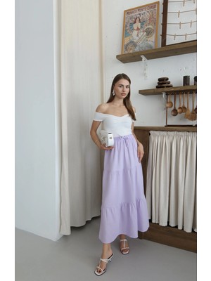 Mesga Butik Müslin Kumaş Keten Uzun Etek Lila Pt