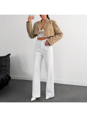 Beyaz Uzun Geniş Paçalı Kot Pantolon