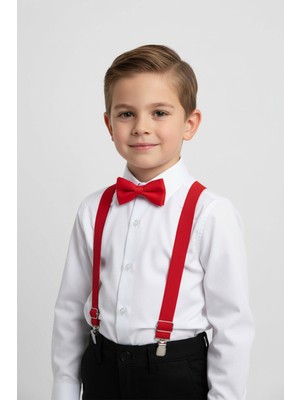 Merdia Kids Erkek Çocuk Uzun Kol Beyaz Gömlek ve Kırmızı Askı Papyon Takım