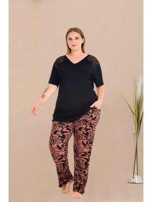 Umestyle Lady E Kısa Kollu V Yakalı Dantel Detaylı Siyah Kiremit Battal Beden Kadın Pijama Takımı