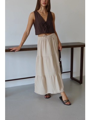 Mesga Butik Müslin Kumaş Keten Uzun Etek Bej Pt