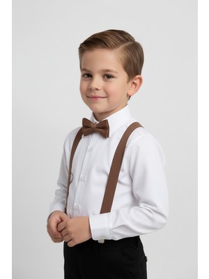 Merdia Kids Erkek Çocuk Uzun Kol Beyaz Gömlek ve Kahverengi Askı Papyon Takım
