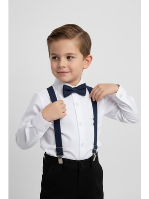 Merdia Kids Erkek Çocuk Uzun Kol Beyaz Gömlek ve Lacivert Askı Papyon Takım