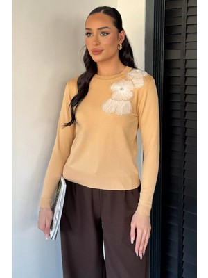 Gülseli Kadın Bisiklet Yaka Çiçek Figürlü Triko Bluz P-00018056