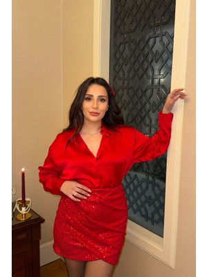 Magarde Premium Oversize Saten Gömlek- Kırmızı