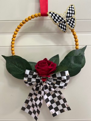 Mackenzie Desenli Fiyonk Damalı Kurdele Kelebek Kırmızı Gül Kapı Süsü