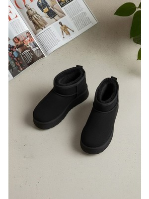 Ayakkabı Fuarı Elit ASPSY01C Kadın Kürklü Süet Düz Bot Siyah