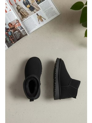 Ayakkabı Fuarı Elit ASPSA01C Kadın Kürklü Süet Düz Bot Siyah