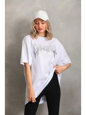Mericline Unisex Taş Desenli Oversize T-Shirt - Beyaz