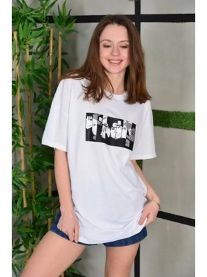 Mericline Unisex Bisiklet Yaka Baskılı Oversize T-Shirt - Beyaz