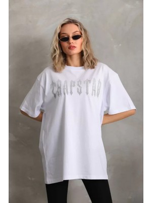 Mericline Unisex Taş Desenli Oversize T-Shirt - Beyaz