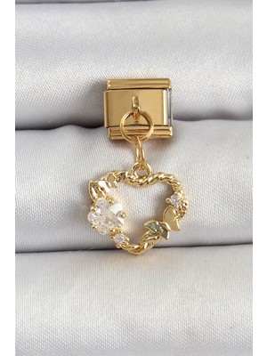 Nehir 316L Çelik Sallantılı Zirkon Taşlı Kalp Model Gold Renk Nomination Charm