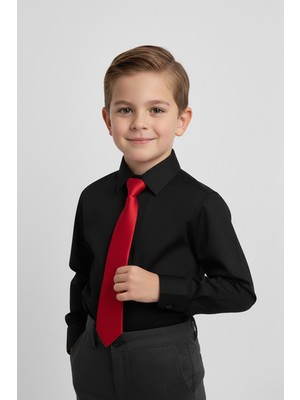Merdia Kids Erkek Çocuk Uzun Kol Siyah Gömlek ve Kırmızı Kravat Takım