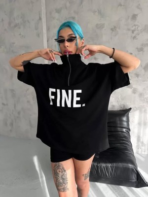 Mericline Unisex Baskılı Yarım Fermuarlı T-Shirt - Siyah