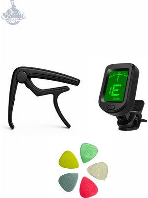 Yankı Gitar Aksesuar Seti Capo, Dijital Akort Cihazı (Tuner) ve 5’li Pena (Akustik & Klasik Gitar Uyumlu)