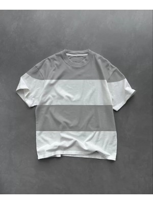 Mericline Unisex Bisiklet Yaka Parçalı T-Shirt - Gri