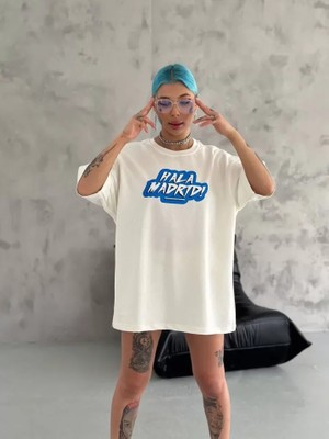 Mericline Unisex Bisiklet Yaka Baskılı Oversize T-Shirt - Beyaz