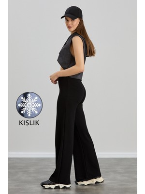 Alos Kadın Siyah Modal Kışlık Bol Paça Çımalı Şardonlu Yüksek Bel Yumuşak Doku Lastikli Likralı Pantolon
