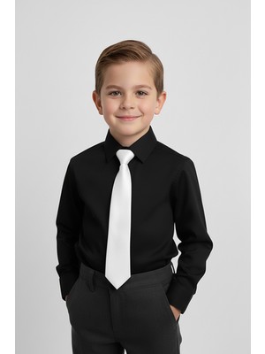 Merdia Kids Erkek Çocuk Uzun Kol Siyah Gömlek ve Beyaz Kravat Takım