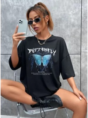 Mericline Unisex Baskılı Oversize T-Shirt - Siyah