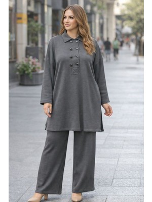 BezeXL Büyük Beden Düğmeli Örme Ikili Takım Gri