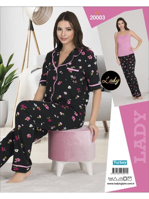 Umestyle Lady 3'lu Çiçekli Biyeli Düğmeli Pijama Takımı