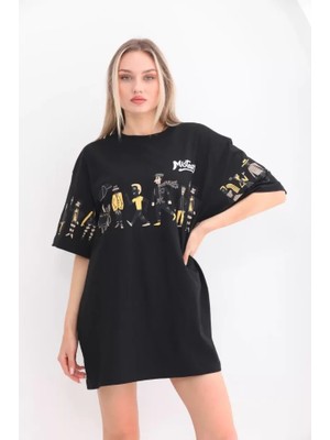 Mericline Unisex Bisiklet Yaka Baskılı Oversize T-Shirt - Siyah