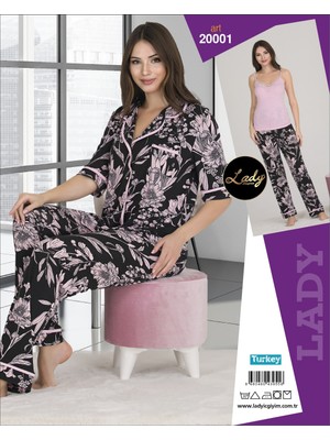 Umestyle Lady Lingerie Siyah Pembe Çiçek Desenli Biyeli Dümeli Gömlekli ve Askılı 3'lü Pijama Takımı
