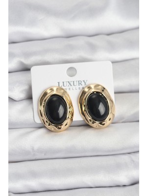 Marsilyan Siyah Renk Oval Vintage Pirinç Kadın Küpe