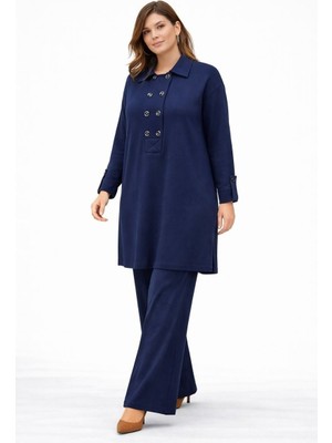 BezeXL Büyük Beden Düğmeli Örme Ikili Takım Lacivert