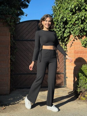 Mericline Kadın Yandan Bağlamalı Geniş Paçalı Fitil Kaşkorse Ikili Takım