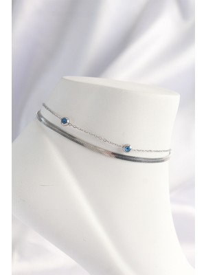 Nehir 316L Çelik Gümüş Renk Nazar Boncuk Tasarımlı 2li Halhal