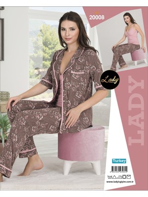 Umestyle Lady Kahve Rengi Çiçek Desenli Biyeli Düğmeli Gömlekli ve Askılı 3'lü Pijama Takımı