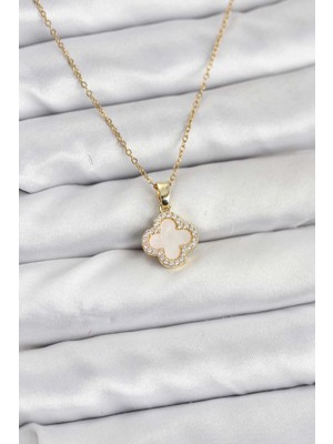Marsilyan 316L Çelik Zincir Gold Renk Sedefli Yonca Kadın Kolye