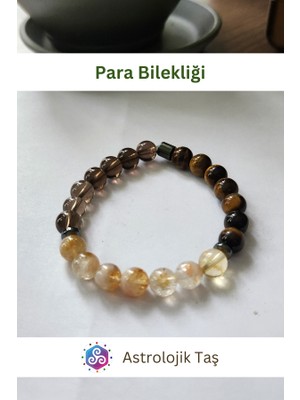 ASTRO STONES Doğal Taş Para Bilekliği - Para Mıknatısı Çekimi - Bolluk Bereket - Sitrin, Kaplan Gözü & Dumanlı Kuvars