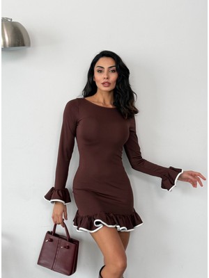 Hermoso Giyim Kadın Uzun Kollu Volanlı ve Biyeli Dalgıç Kumaş Mini Elbise HRM25-FRY123401