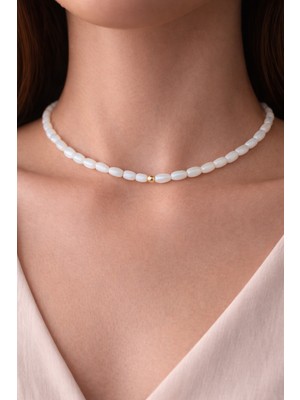 Aida Jewelss 14 Ayar Altın Top Detaylı Doğal Sedef Taşlı Altın Kolye Şans Kolyesi