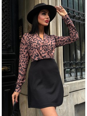 Mericline Kadın Uzun Kollu Kruvaze Yaka Krep Mini Boy Elbise