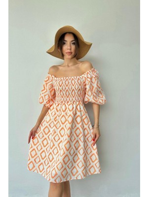 Mericline Oranj Kare Desenli Yazlık Elbise