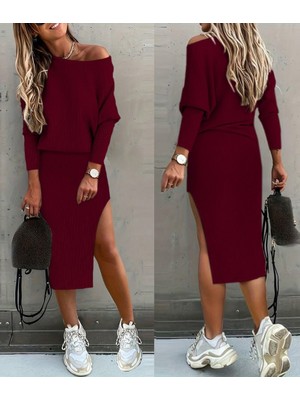 Mericline Kadın Uzun Kollu Düşük Omuz Yırtmaç Detay Kaşkorse Etek Bluz Ikili Takım