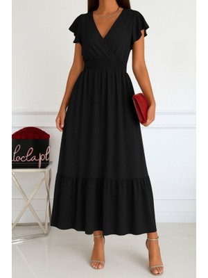 Mericline Kadın Kısa Kelebek Kollu Kruvaze Yakalı Beli Lastikli Aerobin Elbise