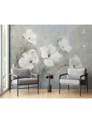 Grown Yağlı Boya Fırça Darbeleri Beyaz Çiçekli Duvar Kağıdı
