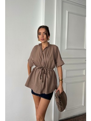 Mericline Bel Büzgü Detaylı Poplin Gömlek - Kahverengi