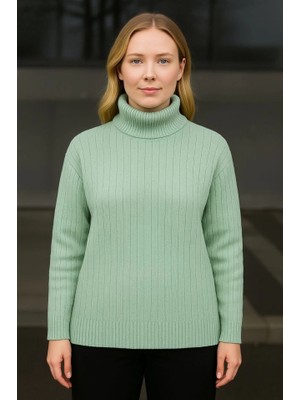 Mericline Balıkcı Yaka Bağazlı Triko Kazak Pamuklu Kalın Fitilli Dokuma - Mint Yeşili