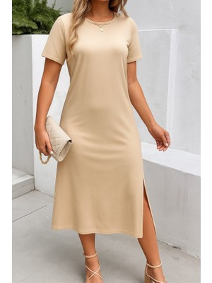 Mericline Kadın Kısa Kollu Bisiklet Yaka Yandan Yırtmaçlı Viskon Elbise