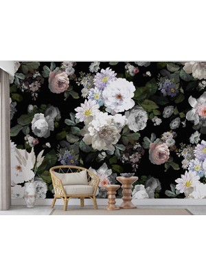 Grown Siyah Fon Üzerinde Çiçek Desenli Duvar Kağıdı