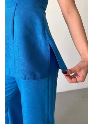 Mericline Jakar Keten Kolsuz Bluz-Pantolon Tk - Mavi